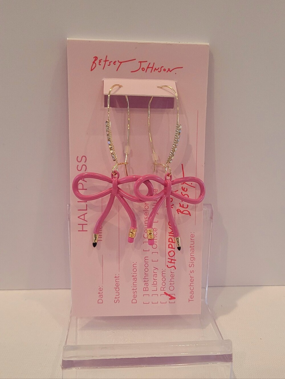 Betsey Johnson Pink Pencil Bow Dangle Earrings